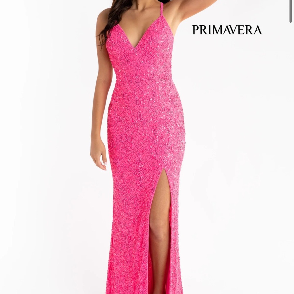 PRIMAVERA NEON PINK SLIT SEQUIN PROM DRESS